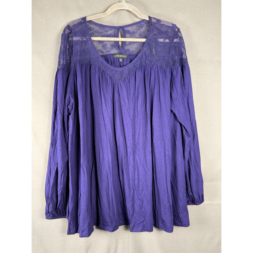 Lane Bryant Blouse Women 18/20 Purple Lace Yoke Long Sleeve Babydoll Top